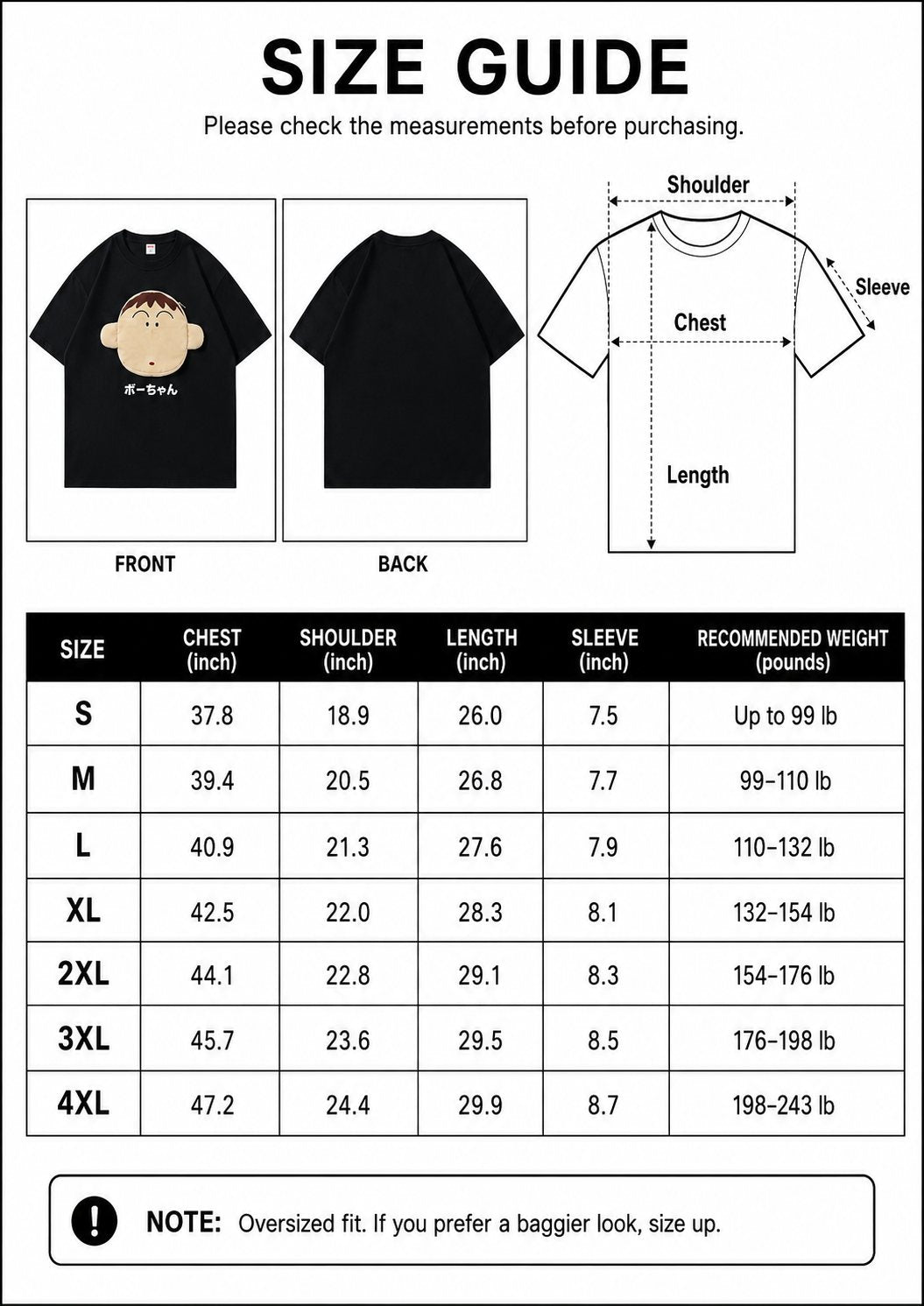 Bo-chan Plush Tee US size guide