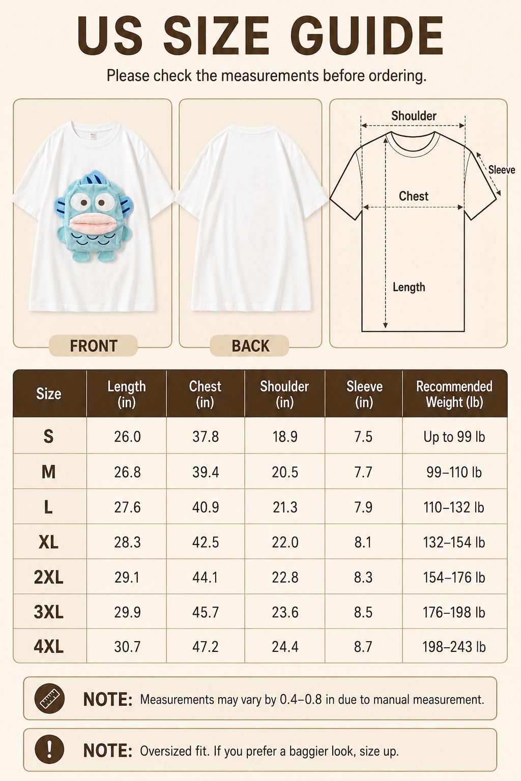 Clownfish Plush Tee US size guide