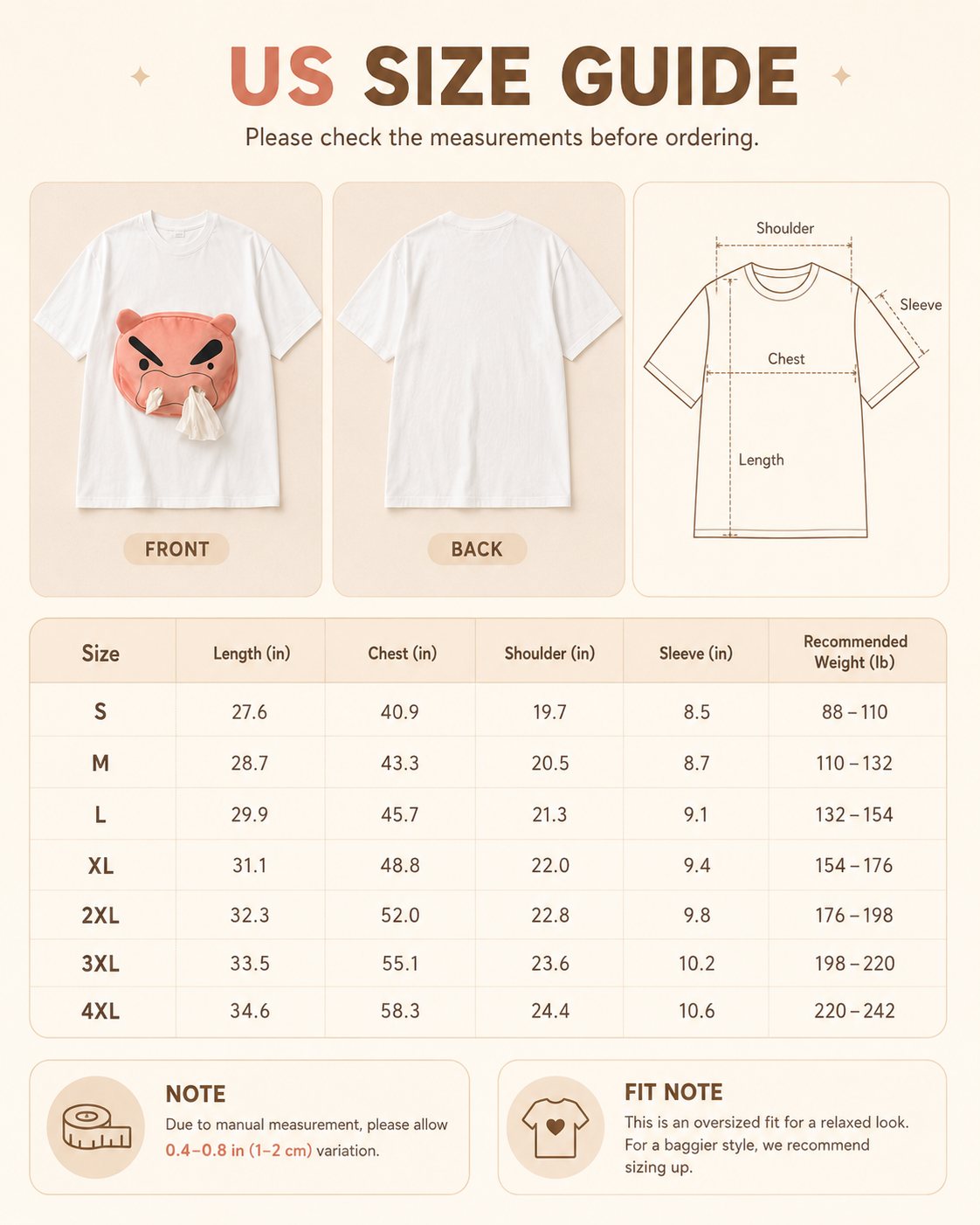 Pig Plush Tee US size guide
